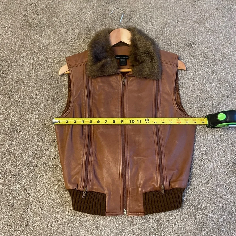 VTG Moda International Brown Leather Vest with Faux Fur Size M Aviator Bomber - Picture 11 of 13